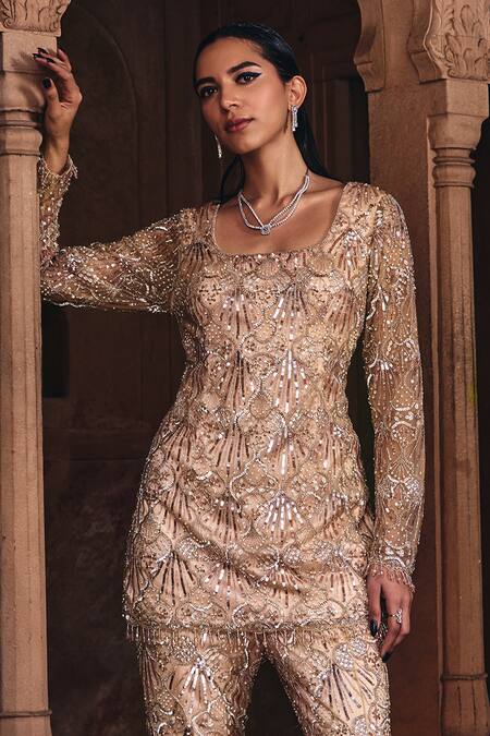 Diyarajvvir Gold Tulle, Satin, Lycra Sequins, And Embroidered Kurta With Bell Bottom Pant Online at Aza Fashions Diyarajvvir_Gold Tulle, Satin, Lycra Sequins, And Embroidered Kurta With Bell Bottom Pant _Online_at_Aza_Fashions