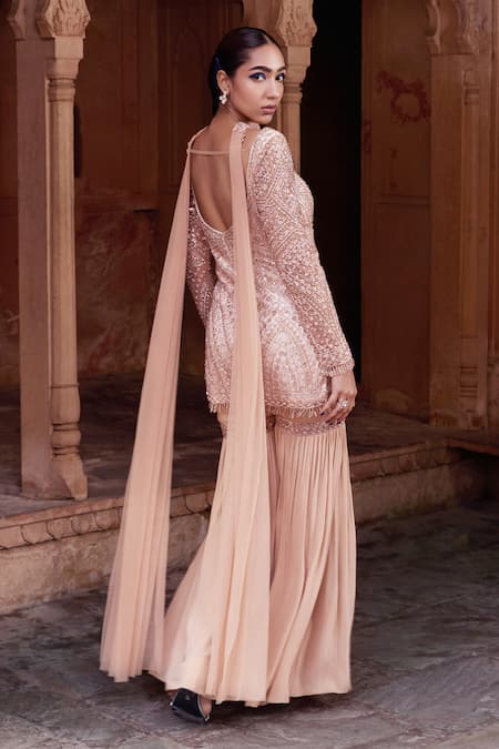 Shop Diyarajvvir Beige Tulle, Satin, Crepe Sequins, Crystals, And Embroidered Kurta Gharara Set at Aza Fashions Shop_Diyarajvvir_Beige Tulle, Satin, Crepe Sequins, Crystals, And Embroidered Kurta Gharara Set _at_Aza_Fashions