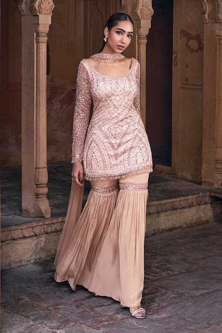 Diyarajvvir Beige Tulle, Satin, Crepe Sequins, Crystals, And Embroidered Kurta Gharara Set Online at Aza Fashions Diyarajvvir_Beige Tulle, Satin, Crepe Sequins, Crystals, And Embroidered Kurta Gharara Set _Online_at_Aza_Fashions