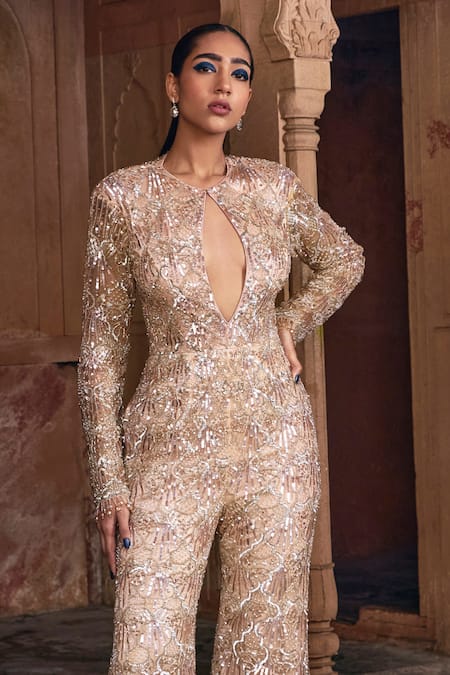 Diyarajvvir Beige Tulle, Satin, Lycra Sequins, Beads Keyhole And Crystal Embellished Jumpsuit Online at Aza Fashions Diyarajvvir_Beige Tulle, Satin, Lycra Sequins, Beads Keyhole And Crystal Embellished Jumpsuit _Online_at_Aza_Fashions