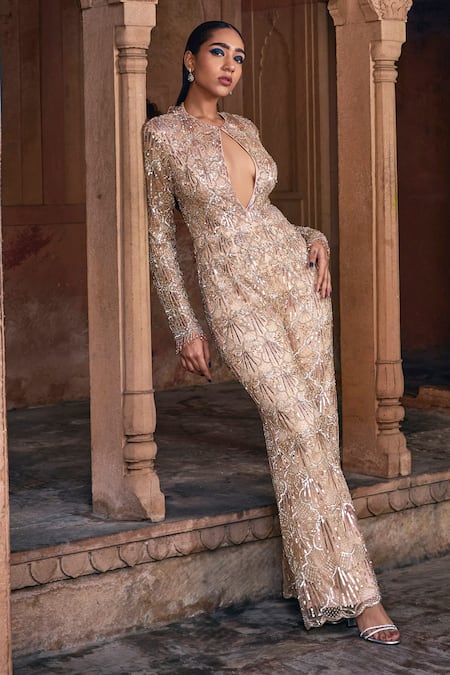 Buy Diyarajvvir Beige Tulle, Satin, Lycra Sequins, Beads Keyhole And Crystal Embellished Jumpsuit Online at Aza Fashions Buy_Diyarajvvir_Beige Tulle, Satin, Lycra Sequins, Beads Keyhole And Crystal Embellished Jumpsuit _Online_at_Aza_Fashions