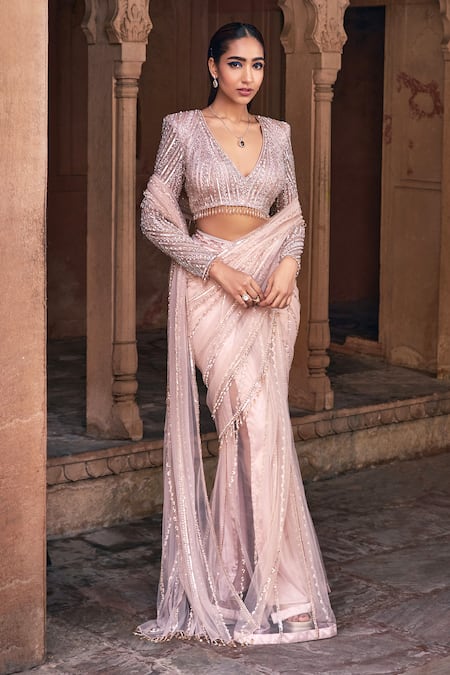 DiyaRajvvir Rose Gold Tulle Embroidery Sequins Plunging V Pre-stitched Saree With Blouse 