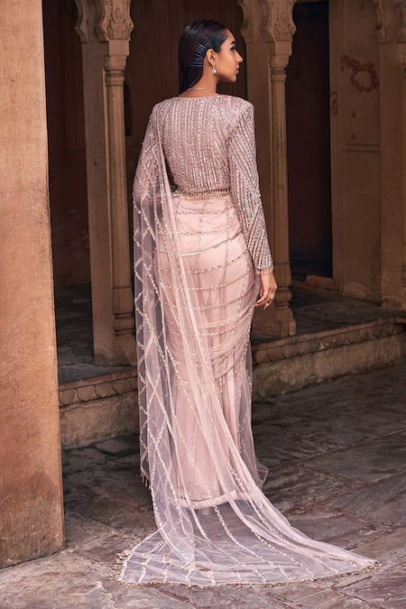 Shop Diyarajvvir Rose Gold Tulle, Satin, Lycra Pre-stitched Embroidered Saree With Blouse at Aza Fashions Shop_Diyarajvvir_Rose Gold Tulle, Satin, Lycra Pre-stitched Embroidered Saree With Blouse _at_Aza_Fashions