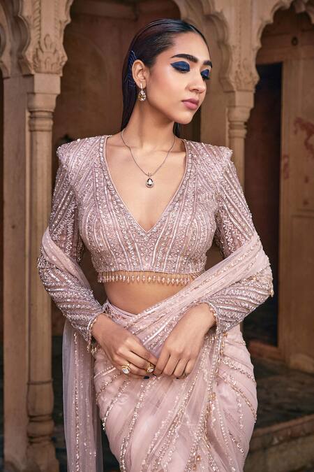 Diyarajvvir Rose Gold Tulle, Satin, Lycra Pre-stitched Embroidered Saree With Blouse Online at Aza Fashions Diyarajvvir_Rose Gold Tulle, Satin, Lycra Pre-stitched Embroidered Saree With Blouse _Online_at_Aza_Fashions