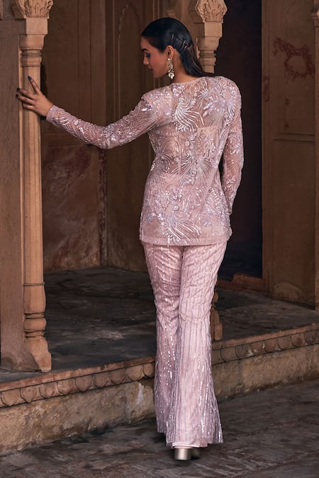 Shop Diyarajvvir Pink Tulle, Satin, Lycra Sequins, Crystals, Floral Jacket Bell Bottom Pant Set at Aza Fashions Shop_Diyarajvvir_Pink Tulle, Satin, Lycra Sequins, Crystals, Floral Jacket Bell Bottom Pant Set _at_Aza_Fashions