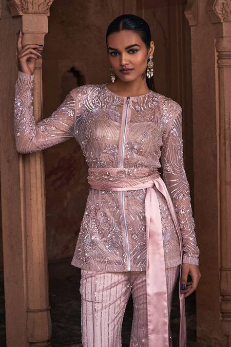 Diyarajvvir Pink Tulle, Satin, Lycra Sequins, Crystals, Floral Jacket Bell Bottom Pant Set Online at Aza Fashions Diyarajvvir_Pink Tulle, Satin, Lycra Sequins, Crystals, Floral Jacket Bell Bottom Pant Set _Online_at_Aza_Fashions