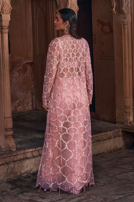 Shop Diyarajvvir Pink Tulle, Satin, Lycra Trellis Embroidered Jacket Bell Bottom Pant Set at Aza Fashions Shop_Diyarajvvir_Pink Tulle, Satin, Lycra Trellis Embroidered Jacket Bell Bottom Pant Set _at_Aza_Fashions