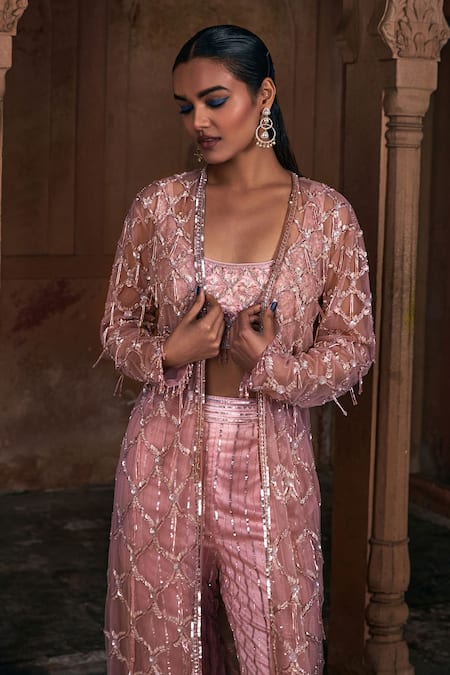 Buy Diyarajvvir Pink Tulle, Satin, Lycra Trellis Embroidered Jacket Bell Bottom Pant Set Online at Aza Fashions Buy_Diyarajvvir_Pink Tulle, Satin, Lycra Trellis Embroidered Jacket Bell Bottom Pant Set _Online_at_Aza_Fashions