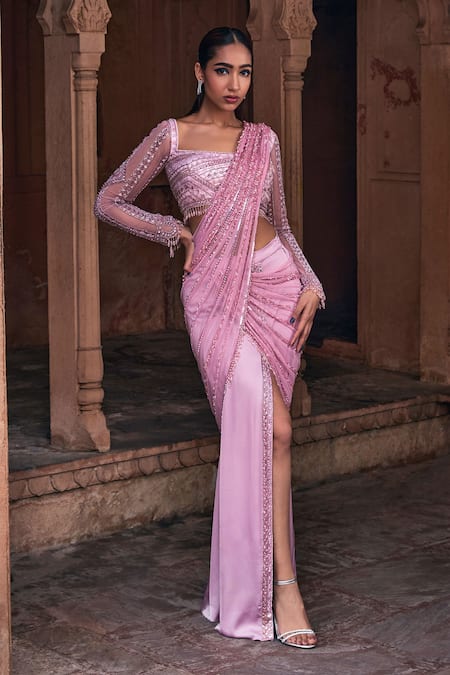 DiyaRajvvir Pre-Draped Embroidered Slit Saree With Blouse 