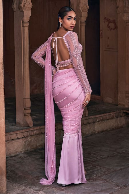 Shop_Diyarajvvir_Pink Tulle, Satin Sequins, Beads, Pre-draped Embroidered Slit Saree With Blouse _at_Aza_Fashions