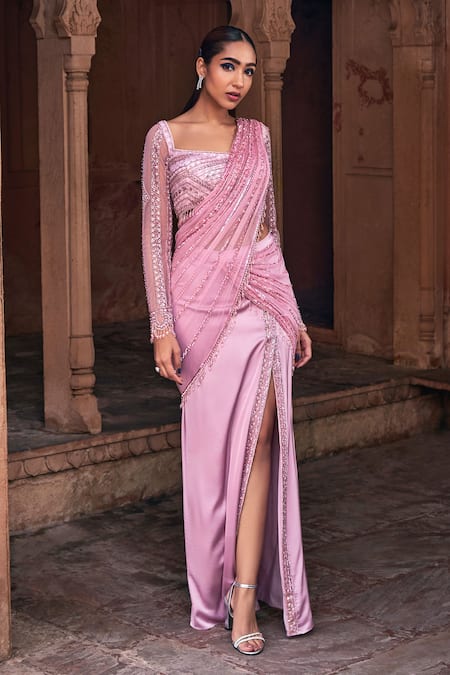 Diyarajvvir_Pink Tulle, Satin Sequins, Beads, Pre-draped Embroidered Slit Saree With Blouse _Online_at_Aza_Fashions