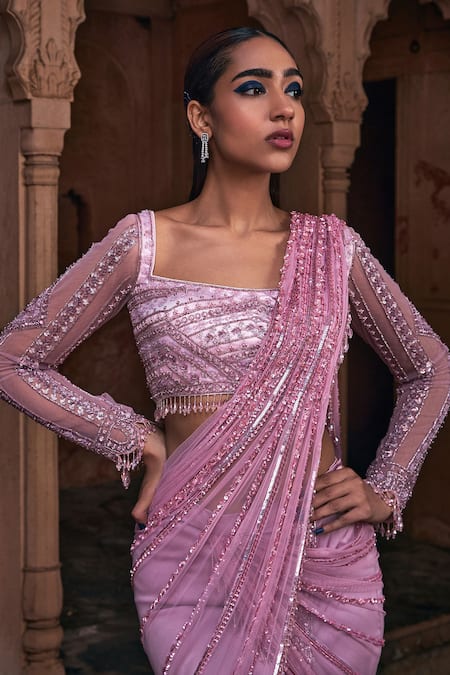 Buy_Diyarajvvir_Pink Tulle, Satin Sequins, Beads, Pre-draped Embroidered Slit Saree With Blouse _Online_at_Aza_Fashions