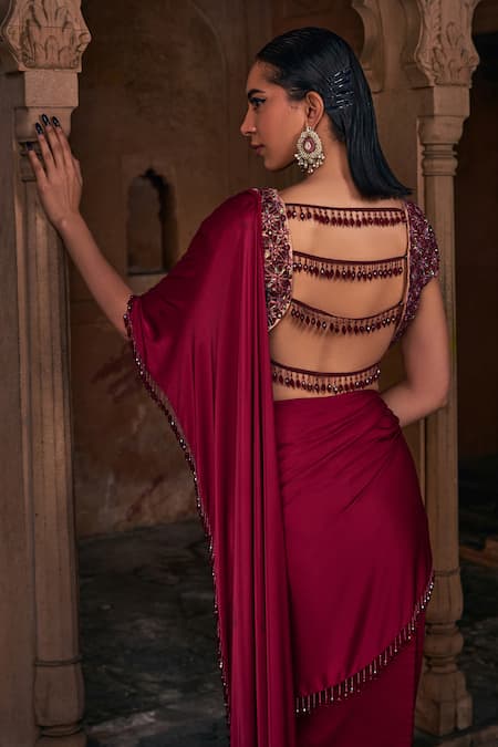 Shop Diyarajvvir Maroon Satin, Lycra, Tulle Pre-draped Saree With Geometric Embroidered Blouse at Aza Fashions Shop_Diyarajvvir_Maroon Satin, Lycra, Tulle Pre-draped Saree With Geometric Embroidered Blouse _at_Aza_Fashions
