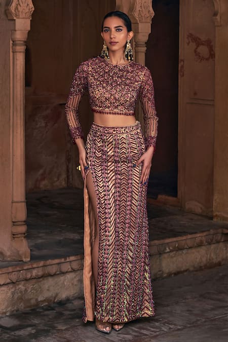 DiyaRajvvir Geometric Sequin Embroidered Blouse With Skirt 