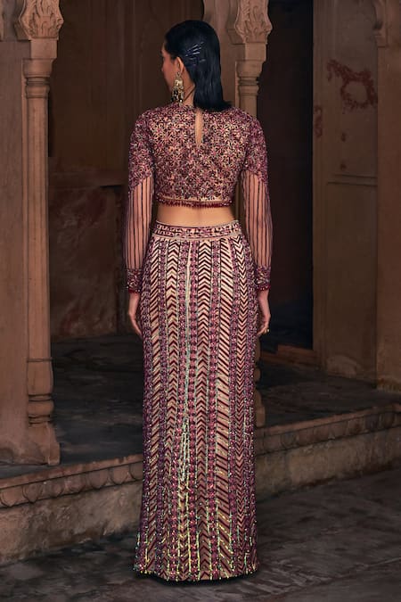 Shop Diyarajvvir Maroon Tulle, Satin, Lycra Sequins, Geometric Embroidered Blouse With Skirt at Aza Fashions Shop_Diyarajvvir_Maroon Tulle, Satin, Lycra Sequins, Geometric Embroidered Blouse With Skirt _at_Aza_Fashions