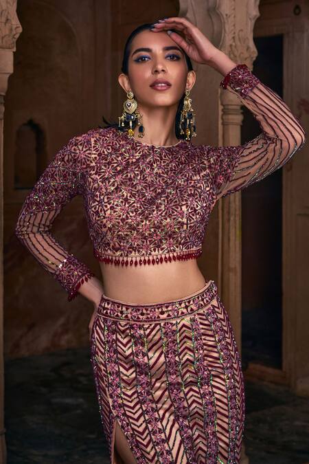 Buy Diyarajvvir Maroon Tulle, Satin, Lycra Sequins, Geometric Embroidered Blouse With Skirt Online at Aza Fashions Buy_Diyarajvvir_Maroon Tulle, Satin, Lycra Sequins, Geometric Embroidered Blouse With Skirt _Online_at_Aza_Fashions