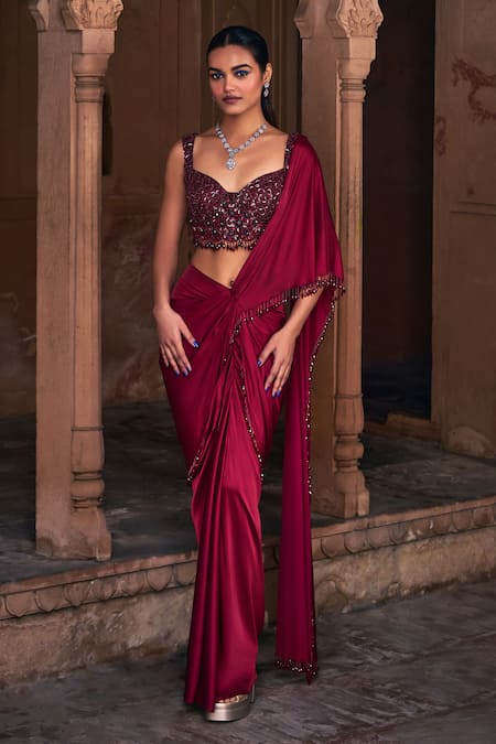 DiyaRajvvir Red Tulle Embroidery Sequins Sweetheart Pre-draped Skirt Saree With Blouse 