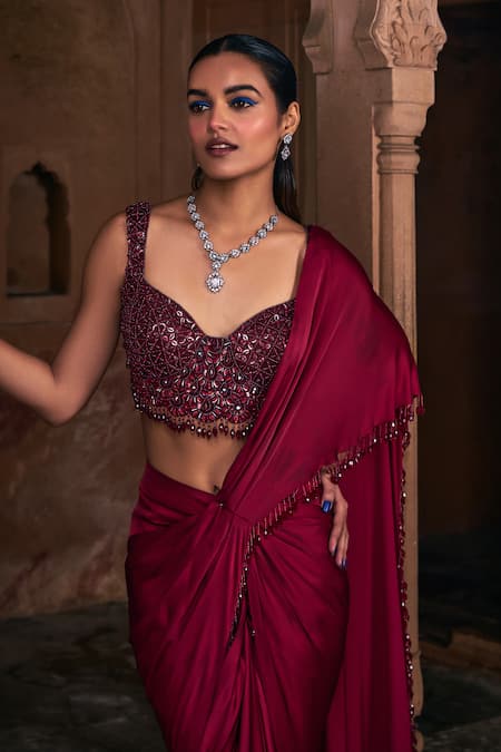 Diyarajvvir Red Satin, Tulle Beads, Sequins Pre-draped Skirt Saree With Embroidered Blouse Online at Aza Fashions Diyarajvvir_Red Satin, Tulle Beads, Sequins Pre-draped Skirt Saree With Embroidered Blouse _Online_at_Aza_Fashions