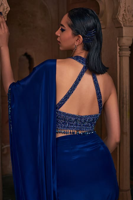 Buy Diyarajvvir Blue Satin, Lycra, Tulle, Crepe Pre-draped Skirt Saree With Embroidered Blouse Online at Aza Fashions Buy_Diyarajvvir_Blue Satin, Lycra, Tulle, Crepe Pre-draped Skirt Saree With Embroidered Blouse _Online_at_Aza_Fashions