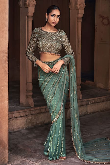 DiyaRajvvir Pre-Stitched Crystal Embroidered Saree With Blouse 