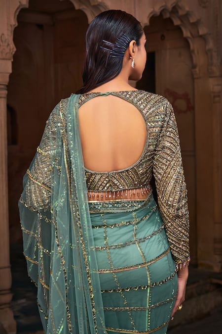 Shop Diyarajvvir Green Tulle, Satin, Lycra Pre-stitched Crystal Embroidered Saree With Blouse at Aza Fashions Shop_Diyarajvvir_Green Tulle, Satin, Lycra Pre-stitched Crystal Embroidered Saree With Blouse _at_Aza_Fashions