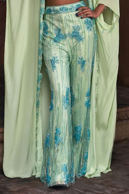 Diyarajvvir Green Tulle, Crepe, Satin, Lycra Beads, Floral Embroidered Border Cape Pant Set Online at Aza Fashions Diyarajvvir_Green Tulle, Crepe, Satin, Lycra Beads, Floral Embroidered Border Cape Pant Set _Online_at_Aza_Fashions