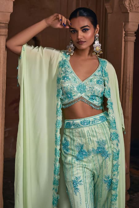 Buy Diyarajvvir Green Tulle, Crepe, Satin, Lycra Beads, Floral Embroidered Border Cape Pant Set Online at Aza Fashions Buy_Diyarajvvir_Green Tulle, Crepe, Satin, Lycra Beads, Floral Embroidered Border Cape Pant Set _Online_at_Aza_Fashions