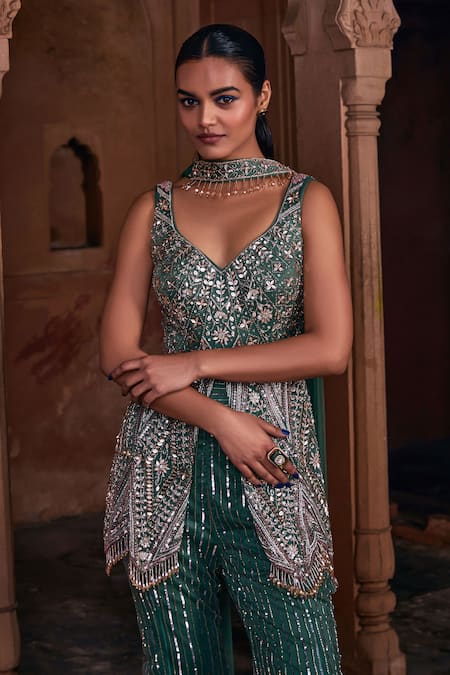 Buy Diyarajvvir Green Tulle, Satin, Lycra Beads, Sequins, Embroidered Peplum Kurta Sharara Set Online at Aza Fashions Buy_Diyarajvvir_Green Tulle, Satin, Lycra Beads, Sequins, Embroidered Peplum Kurta Sharara Set _Online_at_Aza_Fashions