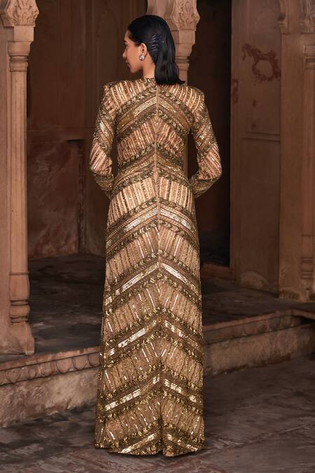 DiyaRajvvir Gold Tulle Embroidery Sequins Jewel Neck Geometric Gown  2