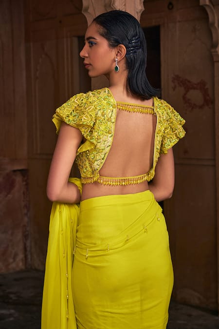 Shop Diyarajvvir Yellow Tulle, Floral Jaal Embroidered Blouse With Pre-draped Skirt Saree at Aza Fashions Shop_Diyarajvvir_Yellow Tulle, Floral Jaal Embroidered Blouse With Pre-draped Skirt Saree _at_Aza_Fashions