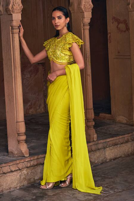 Diyarajvvir Yellow Tulle, Floral Jaal Embroidered Blouse With Pre-draped Skirt Saree Online at Aza Fashions Diyarajvvir_Yellow Tulle, Floral Jaal Embroidered Blouse With Pre-draped Skirt Saree _Online_at_Aza_Fashions