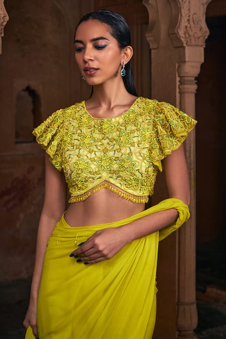 Buy Diyarajvvir Yellow Tulle, Floral Jaal Embroidered Blouse With Pre-draped Skirt Saree Online at Aza Fashions Buy_Diyarajvvir_Yellow Tulle, Floral Jaal Embroidered Blouse With Pre-draped Skirt Saree _Online_at_Aza_Fashions