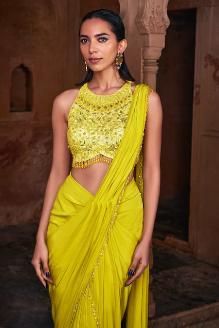 Diyarajvvir Yellow Tulle, Crepe, Satin, Lycra Pre-draped Skirt Saree With Work Blouse Online at Aza Fashions Diyarajvvir_Yellow Tulle, Crepe, Satin, Lycra Pre-draped Skirt Saree With Work Blouse _Online_at_Aza_Fashions