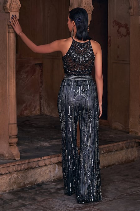 Shop Diyarajvvir Black Tulle, Satin, Lycra Embroidered Waist Coat Top And Bell Bottom Pant Set at Aza Fashions Shop_Diyarajvvir_Black Tulle, Satin, Lycra Embroidered Waist Coat Top And Bell Bottom Pant Set _at_Aza_Fashions