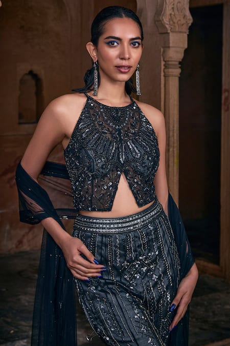 Buy Diyarajvvir Black Tulle, Satin, Lycra Embroidered Waist Coat Top And Bell Bottom Pant Set Online at Aza Fashions Buy_Diyarajvvir_Black Tulle, Satin, Lycra Embroidered Waist Coat Top And Bell Bottom Pant Set _Online_at_Aza_Fashions