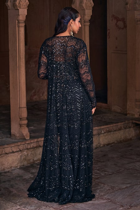 Shop_Diyarajvvir_Black Tulle, Satin, Lycra Sequins, Chevron Embroidered Jacket Dhoti Skirt Set _at_Aza_Fashions