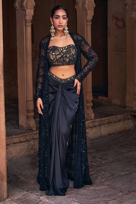 Diyarajvvir_Black Tulle, Satin, Lycra Sequins, Chevron Embroidered Jacket Dhoti Skirt Set _Online_at_Aza_Fashions
