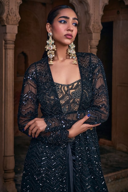 Buy_Diyarajvvir_Black Tulle, Satin, Lycra Sequins, Chevron Embroidered Jacket Dhoti Skirt Set _Online_at_Aza_Fashions