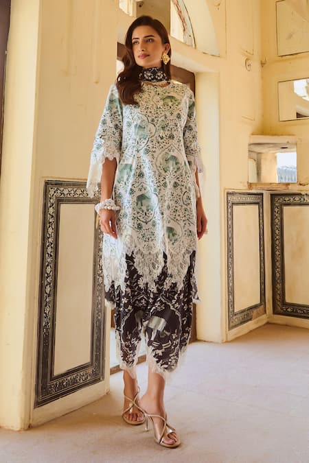 Shop_Sage Saga_Green Chanderi Embroidery, Lace Kokila Elephant Print Salwar_at_Aza_Fashions