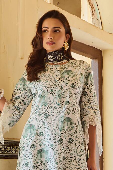 Sage Saga_Green Chanderi Embroidery, Lace Kokila Elephant Print Salwar_Online_at_Aza_Fashions