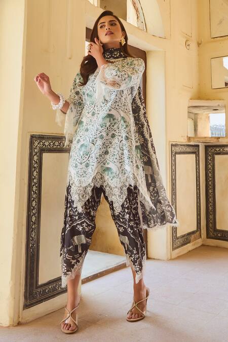 Shop_Sage Saga_Green Chanderi Embroidery, Lace Kokila Elephant Print Salwar_Online_at_Aza_Fashions