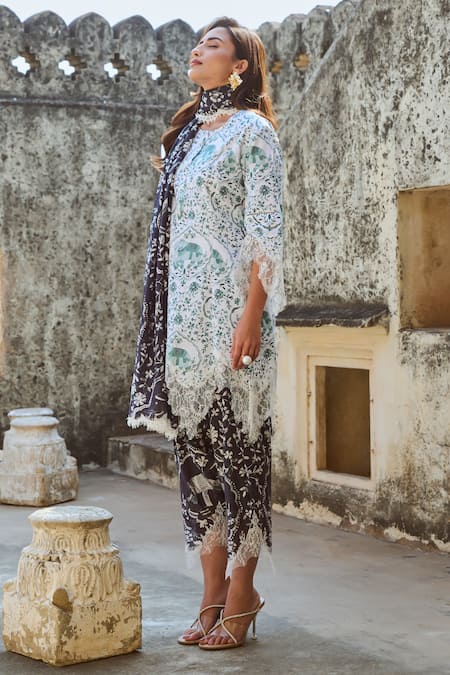 Sage Saga_Green Chanderi Embroidery, Lace Kokila Elephant Print Salwar_at_Aza_Fashions