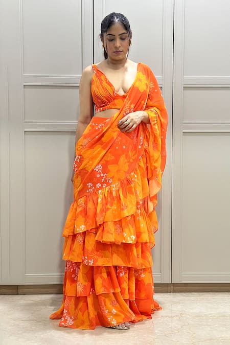 Harshita Singhvi Yellow Georgette Embroidery Plunge Neck Floral Garden Print Saree Skirt Set at Aza Fashions Harshita Singhvi_Yellow Georgette Embroidery Plunge Neck Floral Garden Print Saree Skirt Set _at_Aza_Fashions