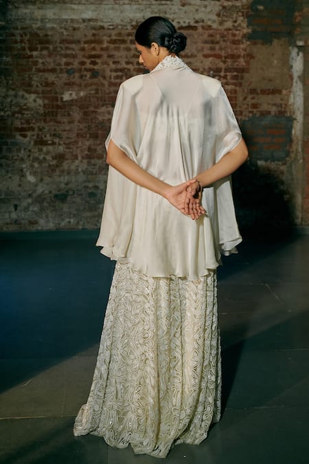 Shop_Asaga_Ivory Satin, Organza, Tulle Embroidery Ina Border Cape Sharara Set _at_Aza_Fashions