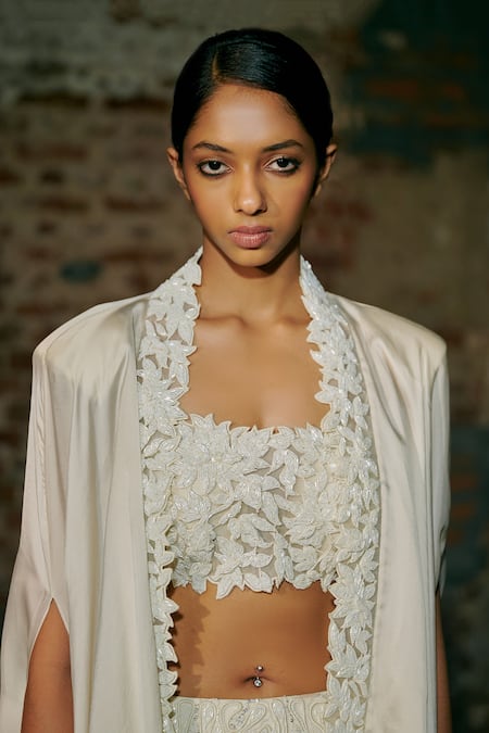 Asaga_Ivory Satin, Organza, Tulle Embroidery Ina Border Cape Sharara Set _Online_at_Aza_Fashions