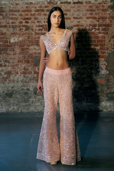 Asaga_Rose Gold Satin, Organza, Tulle Efilys Border Embroidered Cape Sharara Set _Online_at_Aza_Fashions