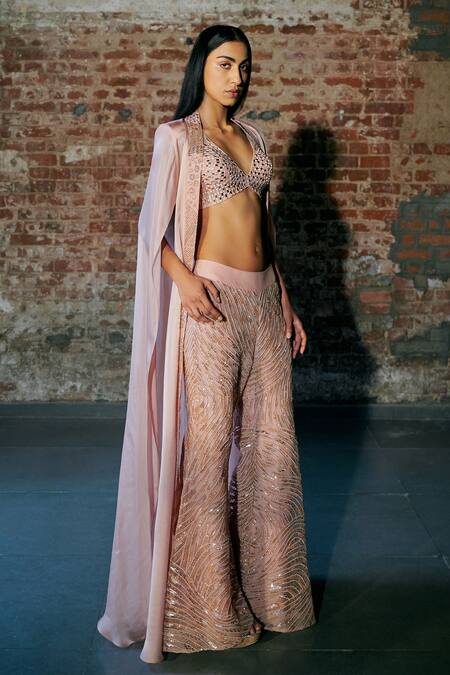 Shop_Asaga_Rose Gold Satin, Organza, Tulle Efilys Border Embroidered Cape Sharara Set _Online_at_Aza_Fashions