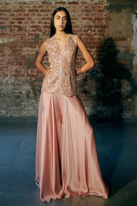 Asaga_Rose Gold Tulle, Satin, Organza Cut Mist Hand Embroidered Jacket Sharara Set _Online_at_Aza_Fashions