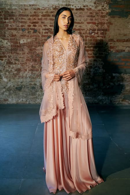 Shop_Asaga_Rose Gold Tulle, Satin, Organza Cut Mist Hand Embroidered Jacket Sharara Set _Online_at_Aza_Fashions