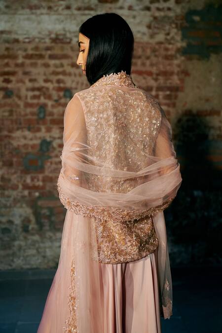 Asaga_Rose Gold Tulle, Satin, Organza Cut Mist Hand Embroidered Jacket Sharara Set _at_Aza_Fashions